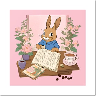 Rabbit Bunny with Books and Coffee Book Nerd Mom Booktok Posters and Art